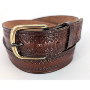 Vintage Mens Brown Etched Tooled Leather Western Belt Brass Buckle USA 38